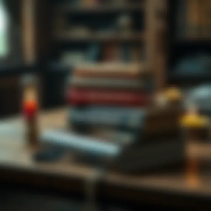A stack of beginner books about alchemy, including 'The Kybalion' and 'The Alchemist', placed on a wooden table with a candle and a quill pen.