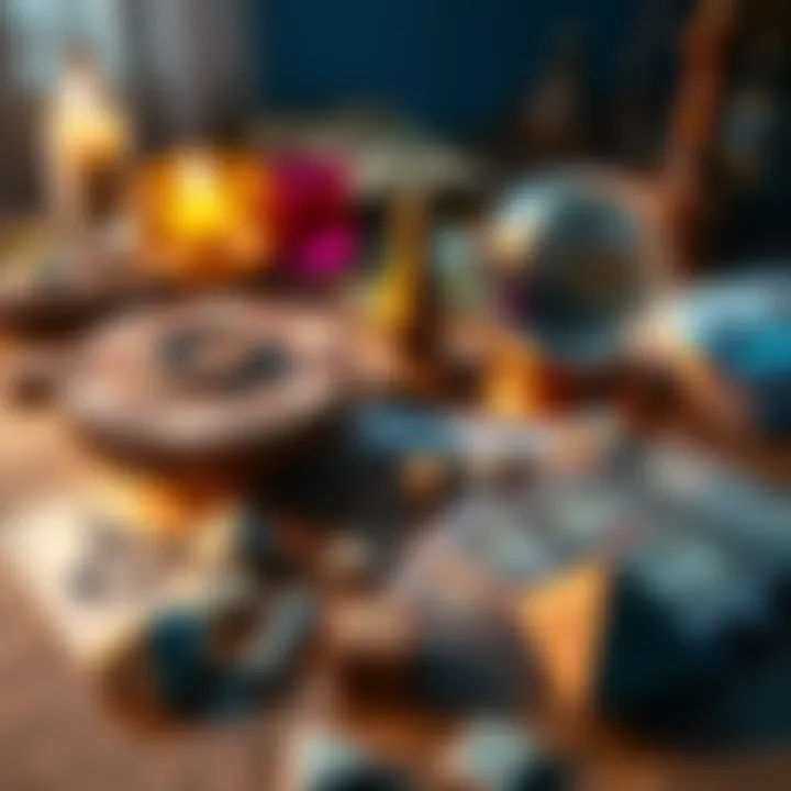 An assortment of divination tools including tarot cards, a crystal ball, and runes on a wooden table