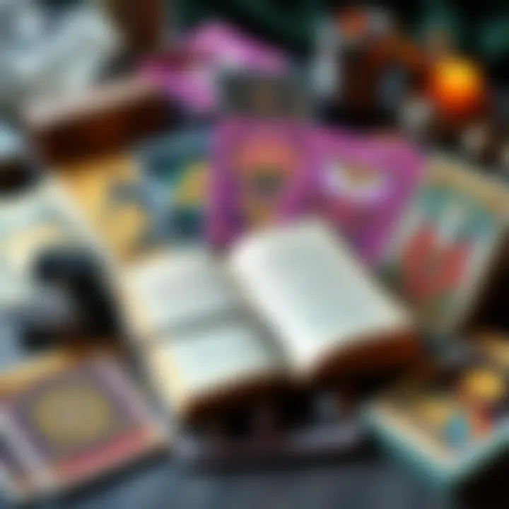 A display of colorful oracle card decks with an open book and crystals, perfect for tarot beginners.