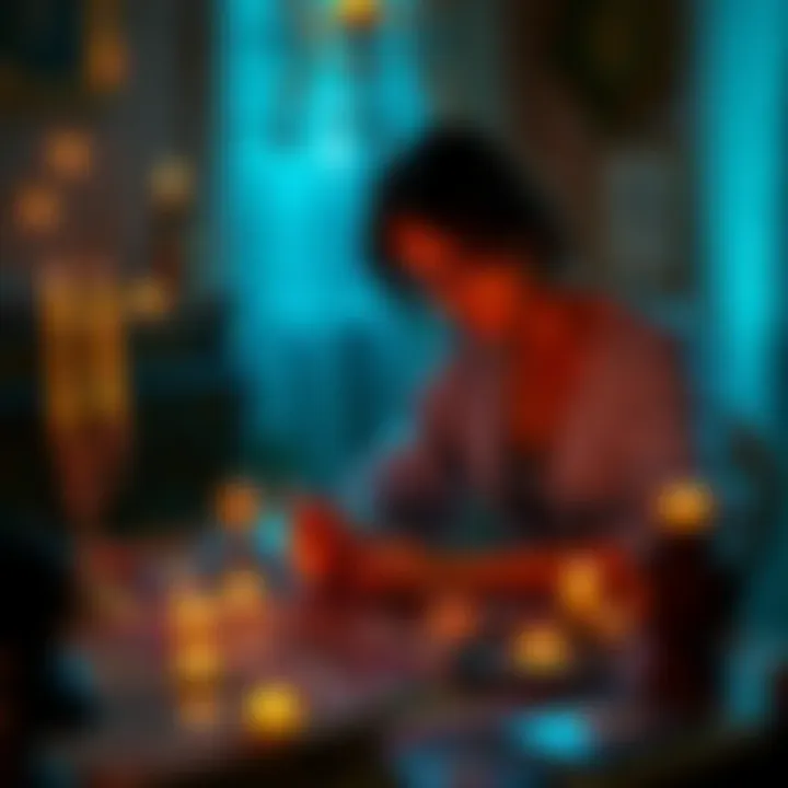 A person with tarot cards and crystals, sitting at a table, trying to connect with spiritual energies.