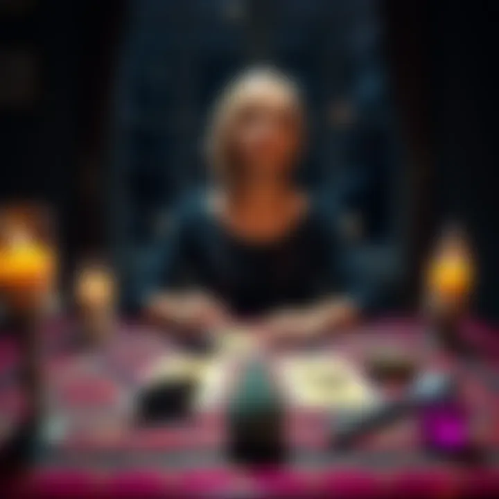 Beginner psychic offering free readings A beginner psychic sitting at a table with tarot cards and crystals, ready to provide free readings to people.