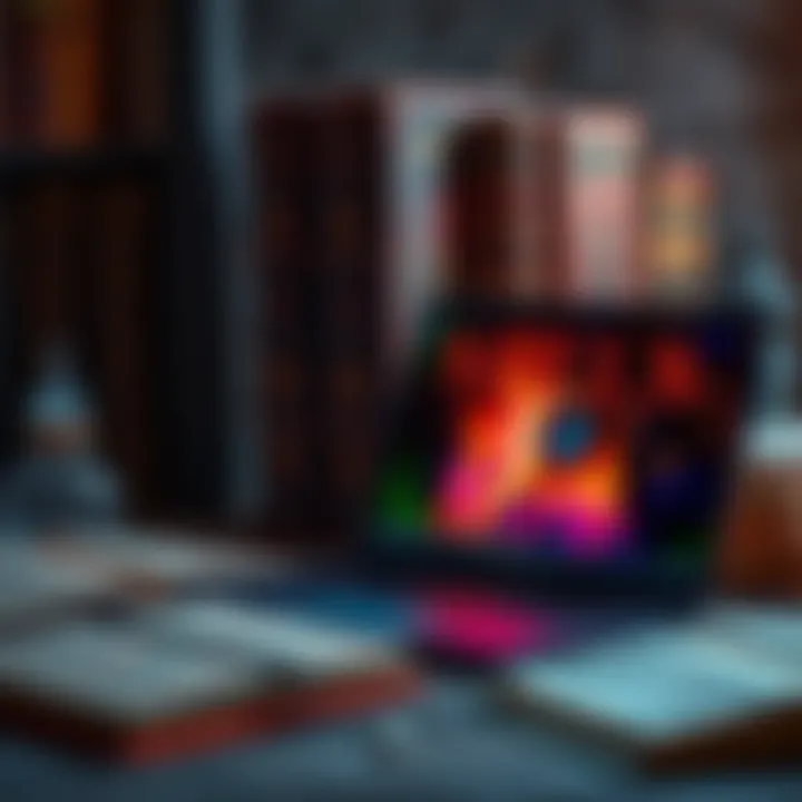 A collection of spell books and a laptop showing online spell resources for beginners