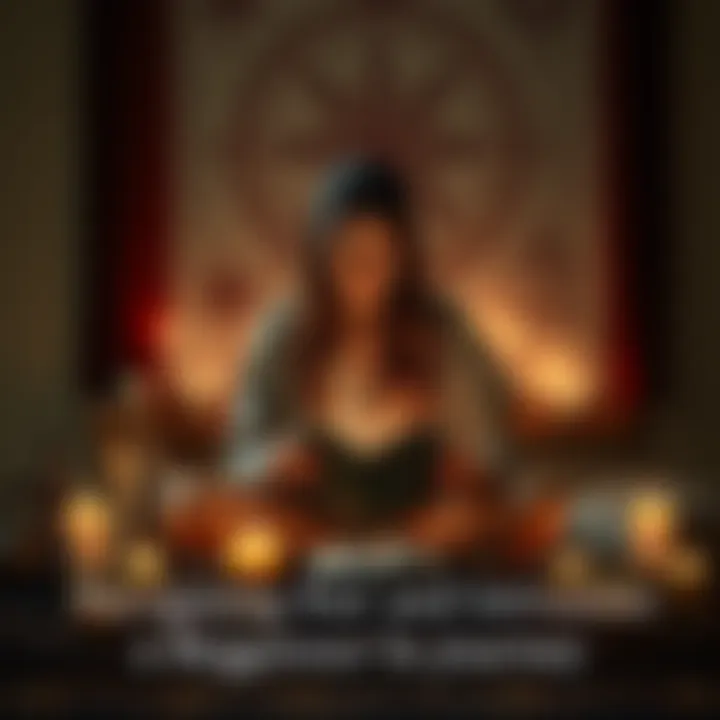 A person sitting cross-legged, surrounded by candles and a journal, looking contemplative as they connect with their spiritual side. Symbols of Hecate are faintly visible in the background.