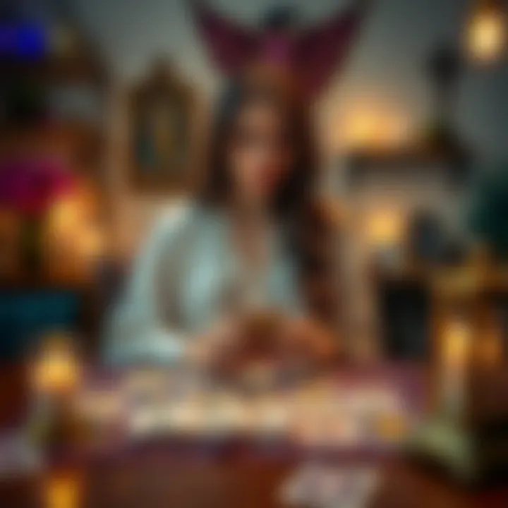 A beginner tarot reader sits at a table, looking pensive while holding tarot cards in front of her. The background shows a softly lit room with mystical decor.