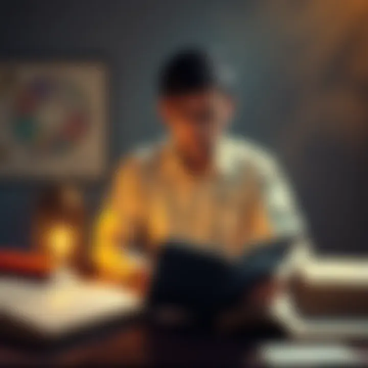 A person studying Jyotish, surrounded by astrological charts and books.