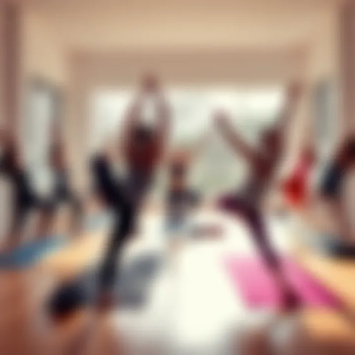 A group of beginners practicing yoga poses in a bright studio, with a teacher guiding them through the movements.