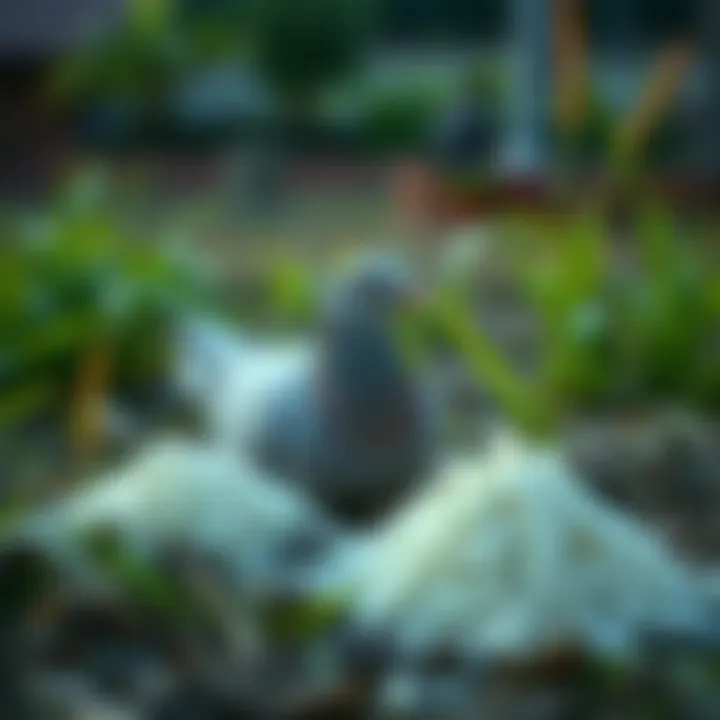 A beheaded dove lies in a garden surrounded by two neat piles of rice, raising questions about its presence.
