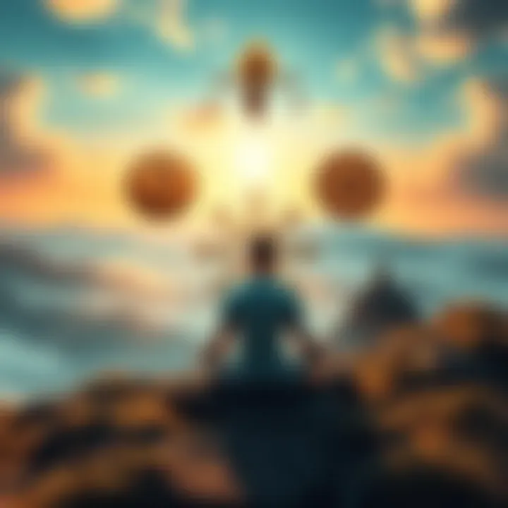 Beliefs about Higher Self and Oversoul A serene landscape with a person meditating, surrounded by symbols of spirituality and reincarnation, representing Higher Self and Oversoul concepts.