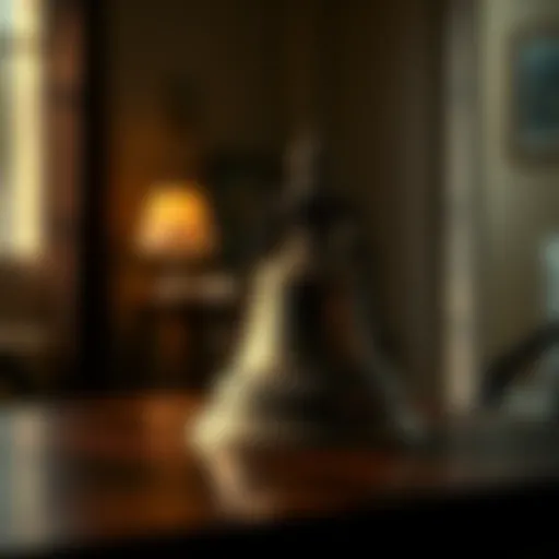 A close-up of an antique bell resting on a wooden table in a dimly lit apartment, with curious shadows around it.