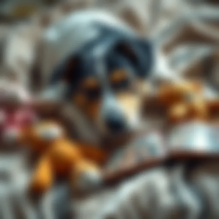 A peaceful dog lying on a soft blanket, surrounded by toys and a photo album filled with memories, showing the bond shared with its caregivers.