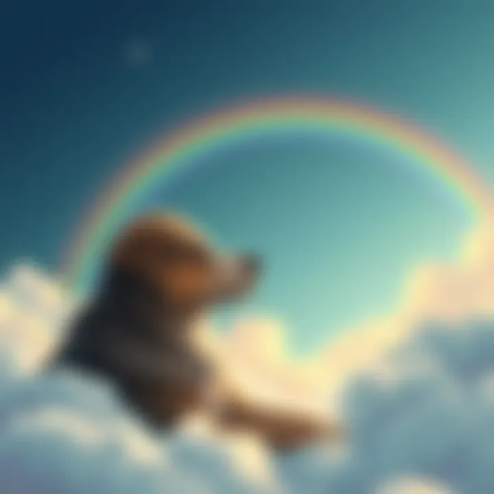 A peaceful illustration depicting a dog among soft clouds and a rainbow, symbolizing love and remembrance