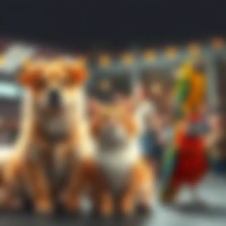 A group of charming familiars including a fluffy dog, a playful cat, and a colorful bird with people happily gathering around to showcase their pets on Familiar Friday