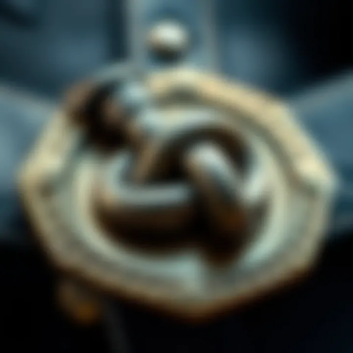 Close-up of a belt buckle featuring a decorative knot symbolizing fashion and meaning