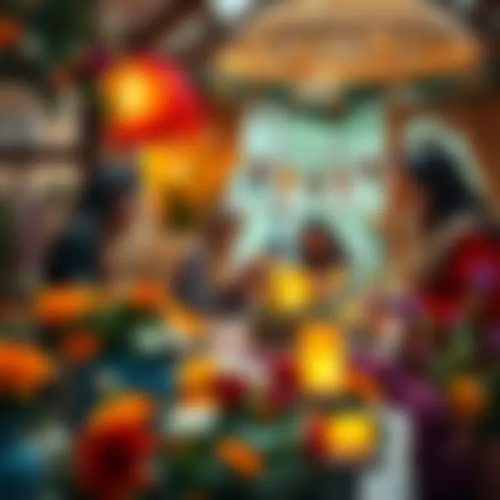 People engaging in indoor crafts and rituals for Beltane celebration, surrounded by flowers and festive decorations