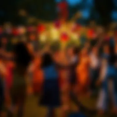 A group of Millennials dancing around a maypole adorned with flowers, celebrating Beltane on May 1st, filled with joy and energy.