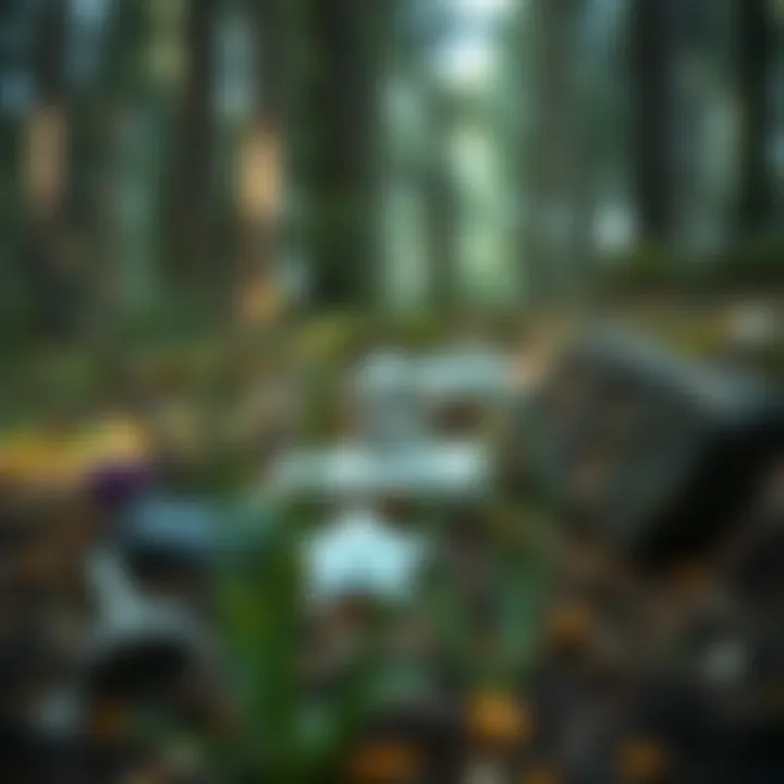 Herbs and crystals placed on the ground in a serene forest, with one item missing and a rock nearby, suggesting a possible trade.