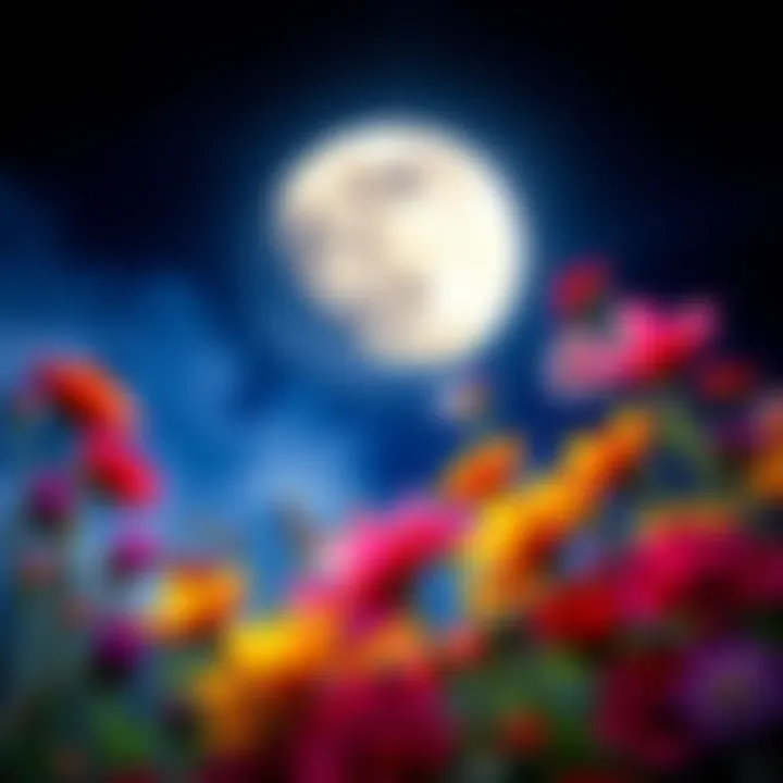 A vibrant scene depicting a full moon surrounded by flowers, symbolizing Beltane's celebration and the emotional energy of Scorpio.