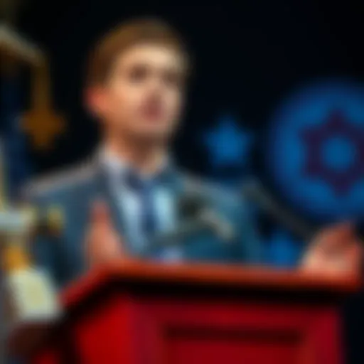 Ben Shapiro speaking at a podium, with a backdrop of political symbols, addressing concerns about faith in political discourse.