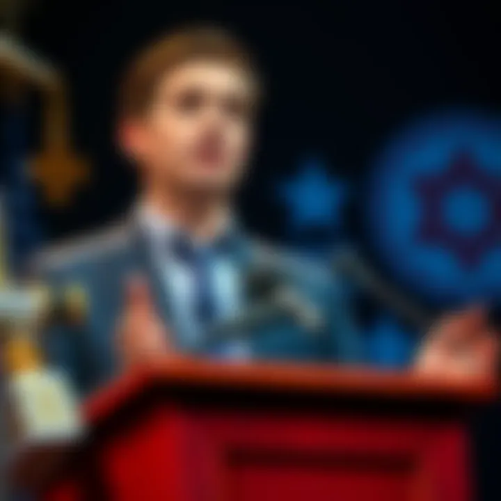 Ben Shapiro speaking at a podium, with a backdrop of political symbols, addressing concerns about faith in political discourse.