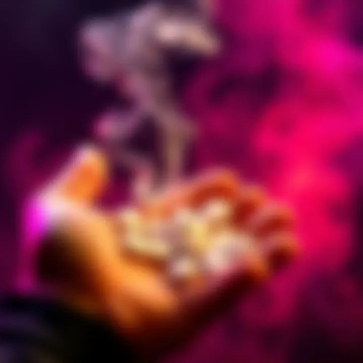 A person holding a small amount of Benadryl tablets with a blurred background of smoke, representing altered mind states