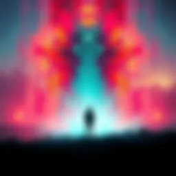 A person standing in a surreal landscape with distorted space and vibrant colors, symbolizing glitches in perception.