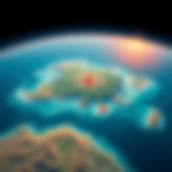 A map highlighting North Sentinel Island with a focus on its isolation and the surrounding ocean, showing the difficult access points.