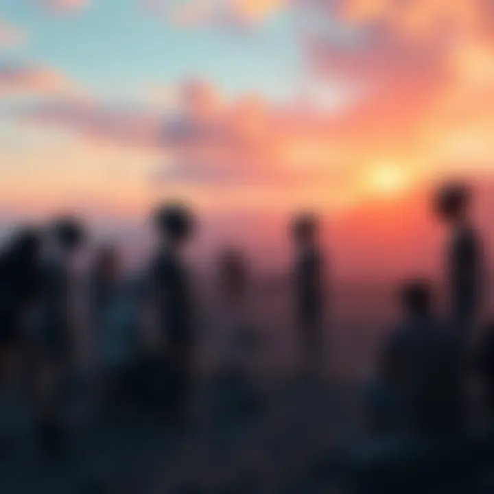 A serene scene showing benevolent aliens communicating with a group of humans, emphasizing unity and support for a better future.