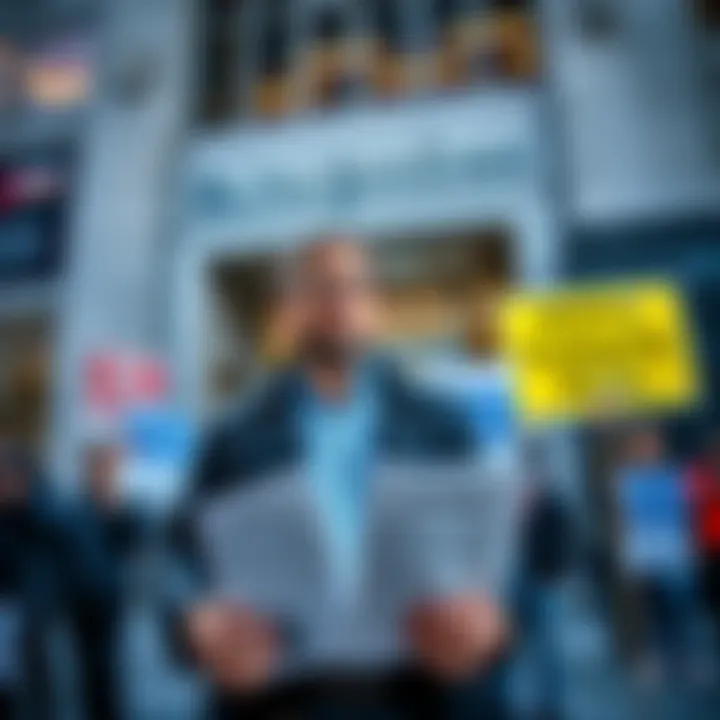 Benjamin Milei stands outside the New York Times headquarters, holding legal documents, amidst protest signs about human rights allegations against Israel.