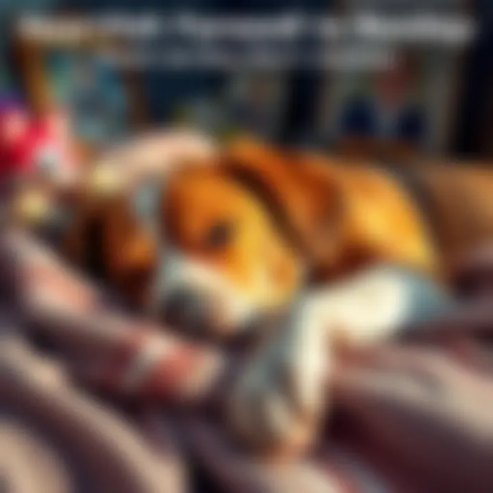 A loyal dog named Bentley lying on a soft blanket, with a peaceful expression, surrounded by toys and a framed photo of his owner.