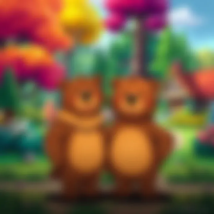 Two cartoon bears standing together, representing the Berenstain Bears, with a backdrop of a colorful forest and a house