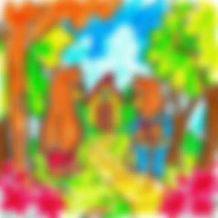 Childhood Drawing of Berenstain Bears A colorful childhood drawing depicting the Berenstain Bears characters surrounded by trees and a house, reflecting nostalgia and creativity.
