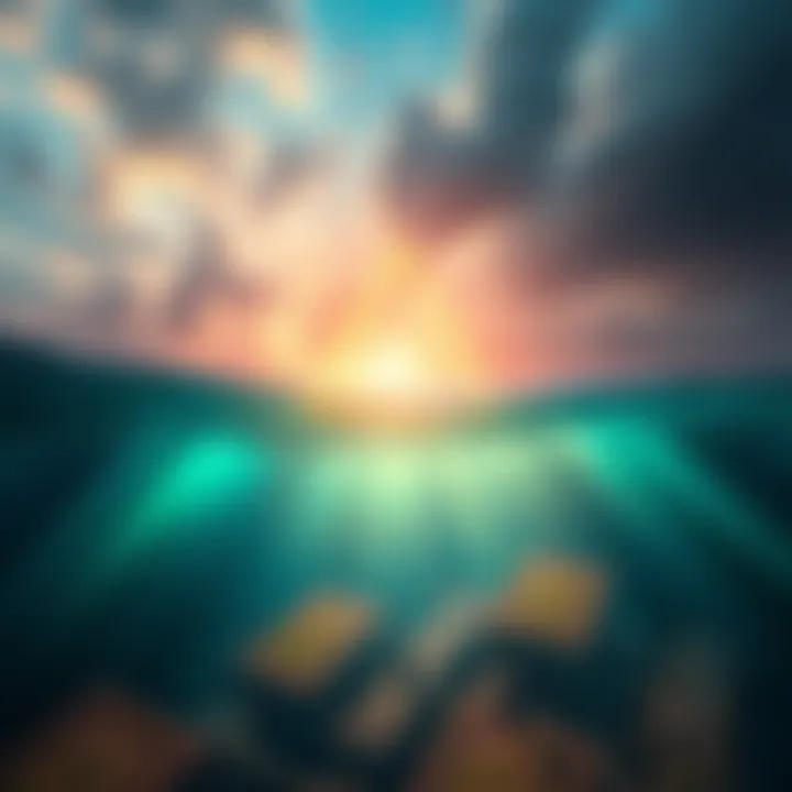 A digital illustration depicting the Bermuda Triangle with ancient ruins symbolizing Atlantis beneath the ocean surface.