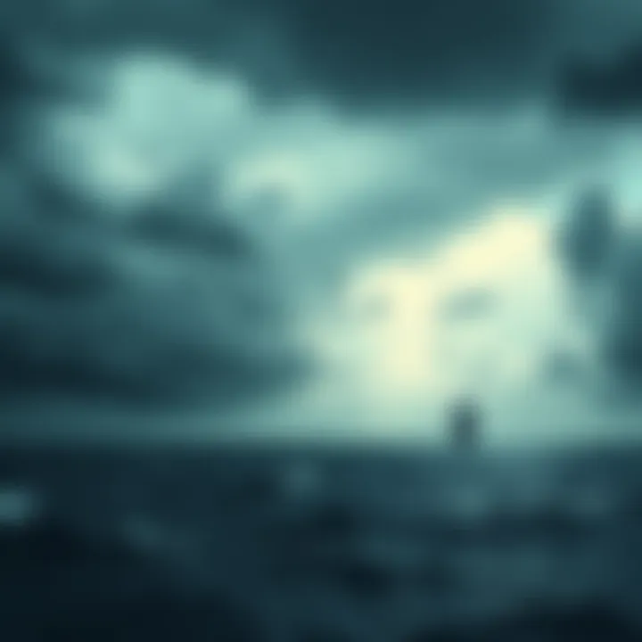 A vast ocean under a stormy sky with a ghostly ship silhouette vanishing in the distance.
