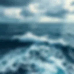 Aerial view of turbulent ocean waves in the Bermuda Triangle area with a cloudy sky
