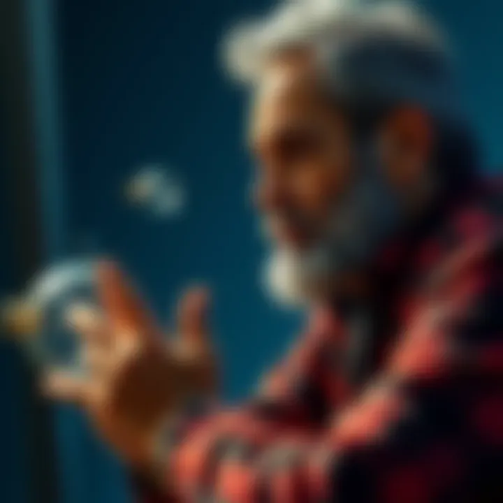 A thoughtful man engaged in deep conversation, pondering concepts of oneness and interconnectedness.
