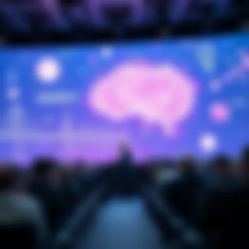 Bernardo Kastrup speaking at a conference with a backdrop illustrating concepts of idealism and materialism