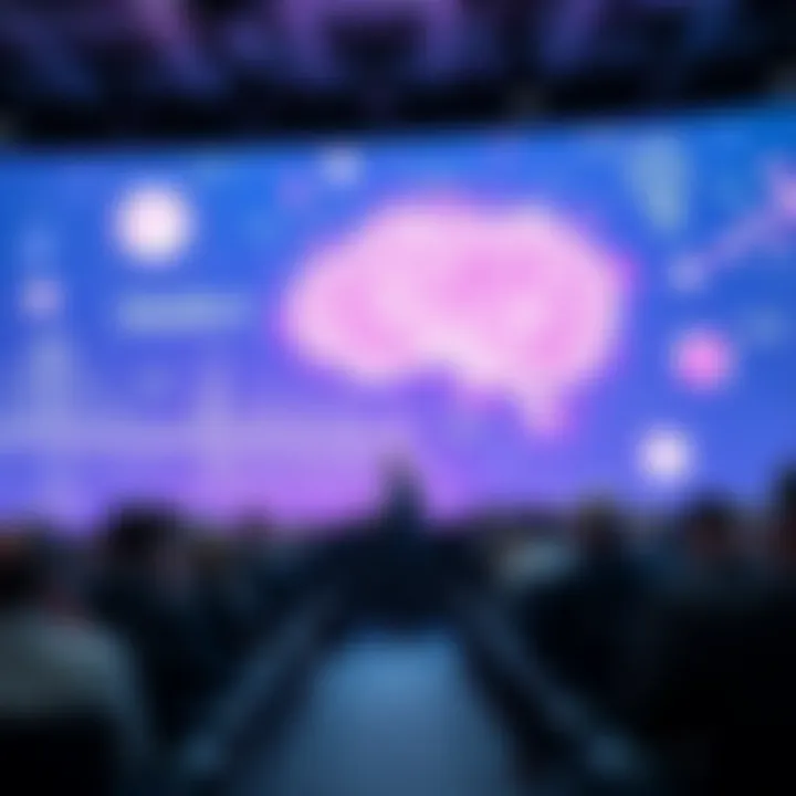 Bernardo Kastrup speaking at a conference with a backdrop illustrating concepts of idealism and materialism