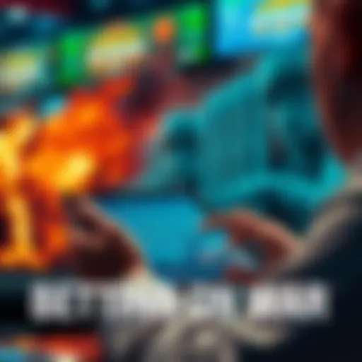 A person examining betting odds on a tablet with war imagery in the background