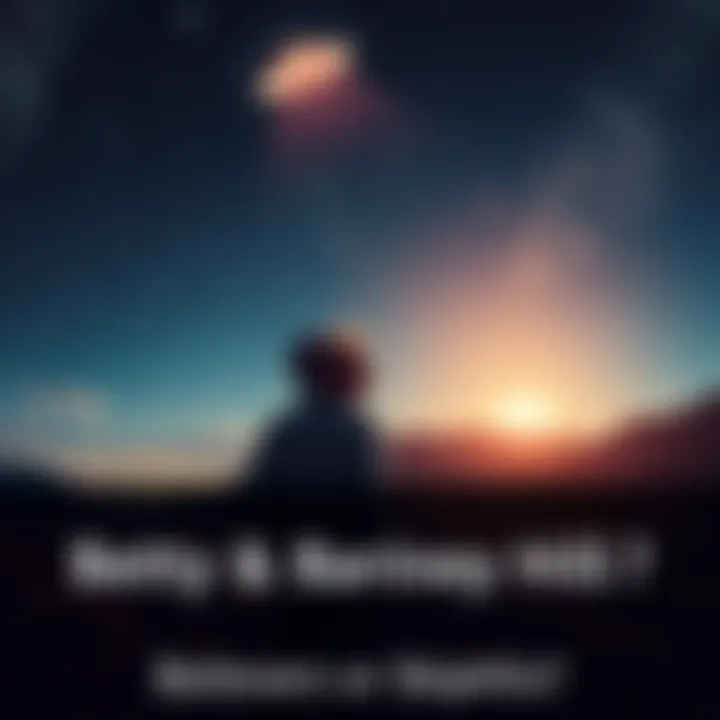 A depiction of Betty and Barney Hill looking up at a UFO in the night sky with stars shining above.