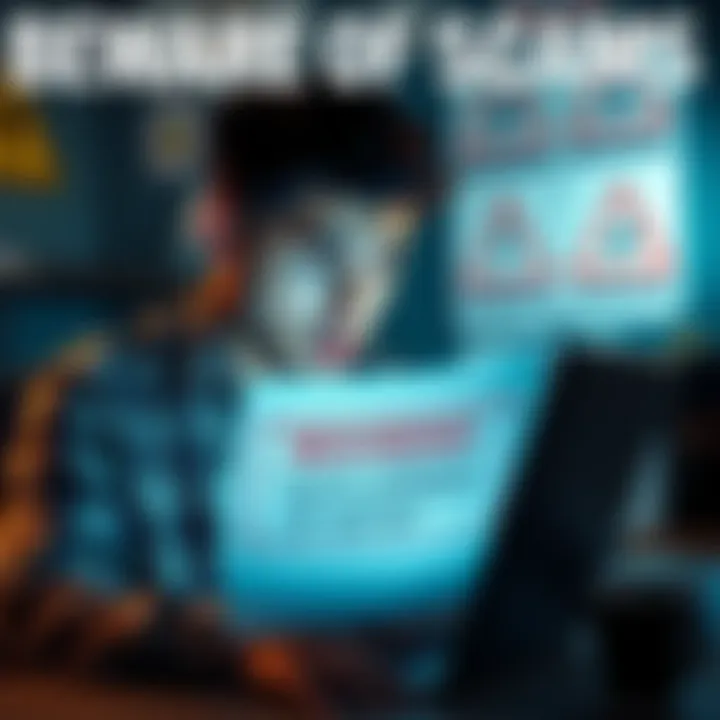 A person looking concerned while reading about reincarnation scams on a laptop, with warning signs in the background.