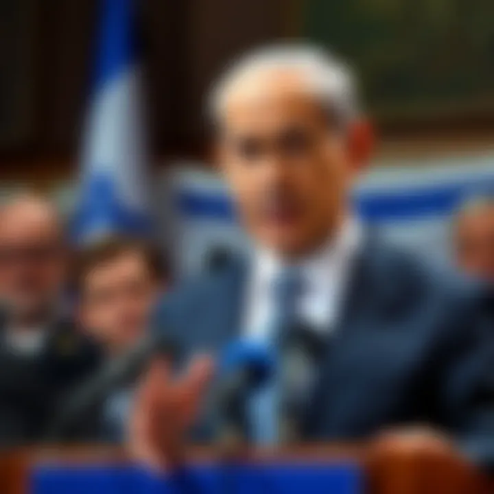 Bibi Netanyahu at a press conference Israeli Prime Minister Bibi Netanyahu speaking at a press conference, addressing the situation regarding Hamas and the October 7 attack.