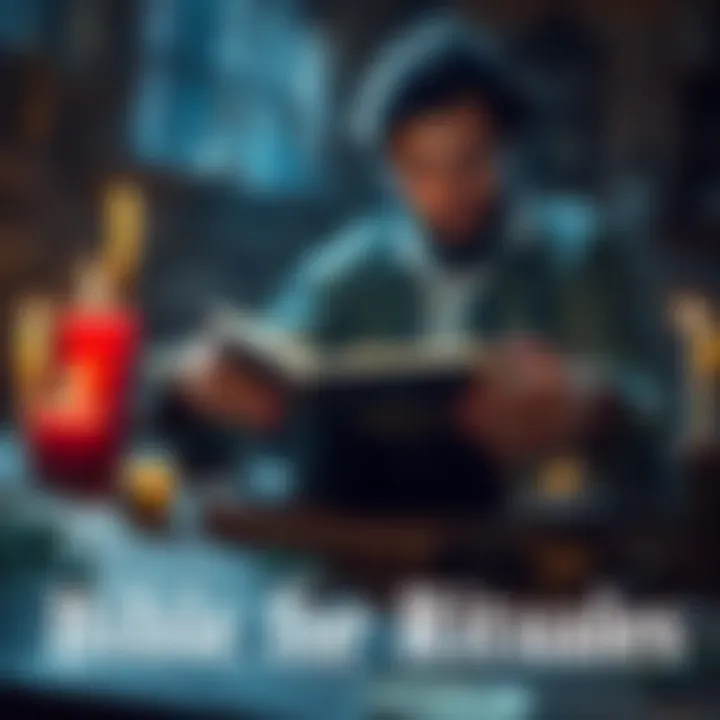 A person setting up a Bible for spell work, focusing on size and personal touches, with candles and herbs around.