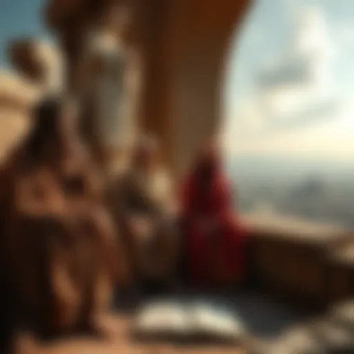 A depiction of ancient biblical figures discussing themes of human trafficking, set against a backdrop of historical landscapes.