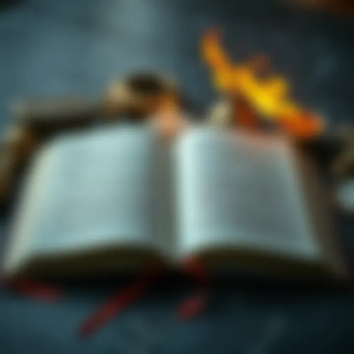 Biblical passages and symbols Open Bible with highlighted verses on idolatry and worship, surrounded by symbols of faith and doubt.