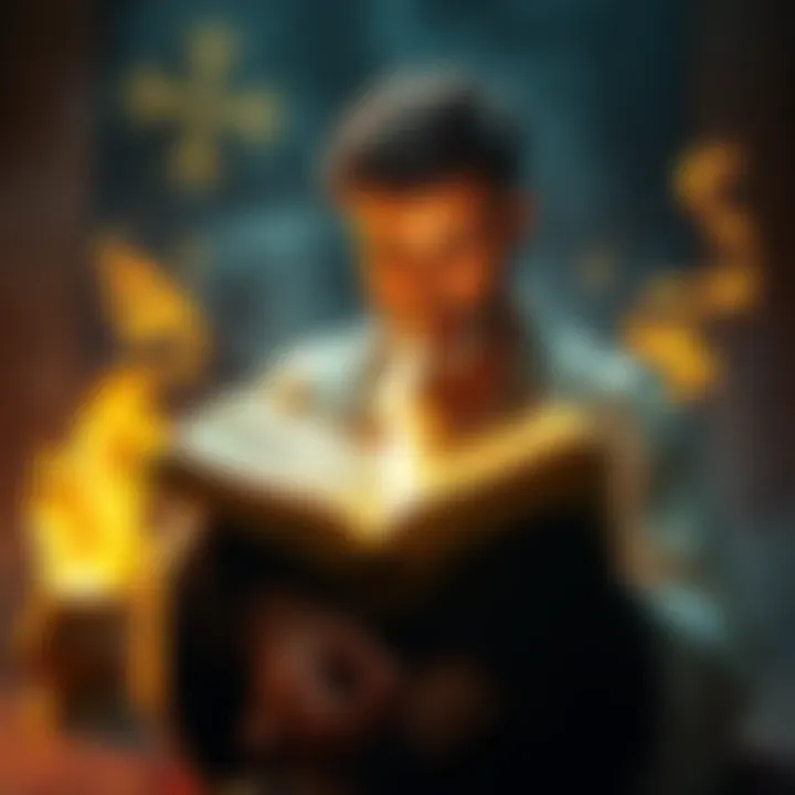 A person reading an ancient text with symbols and light around, representing insights on magick in Biblical teachings.