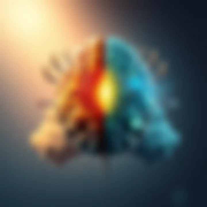 Illustration of a divided brain symbolizing Julian Jaynes' Bicameral Mind Theory, with one side showing inner voices and the other side depicting divine symbols.