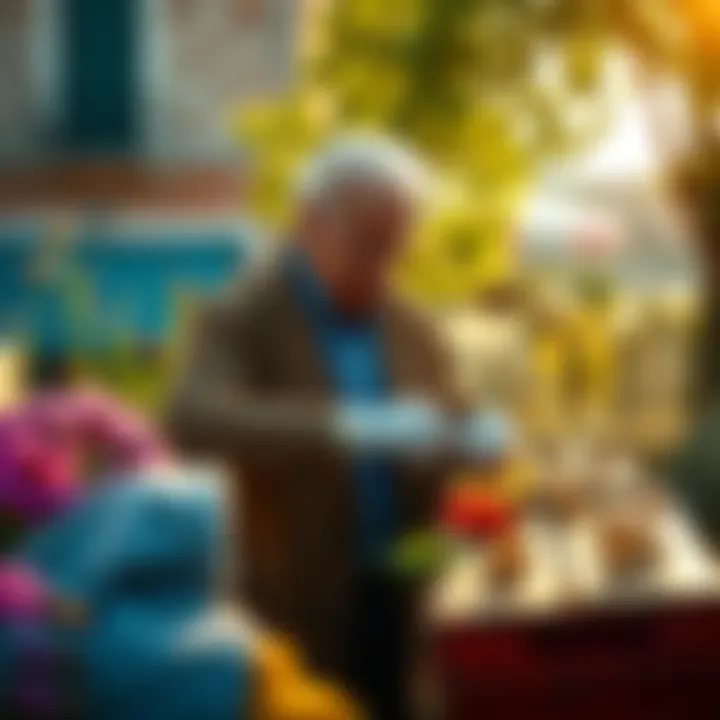 Joe Biden tending to beehives in a sunny Venice garden, surrounded by flowers and bees