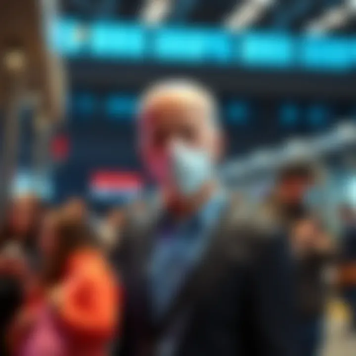 A person wearing a mask of President Biden stands in a public place, drawing attention from onlookers.