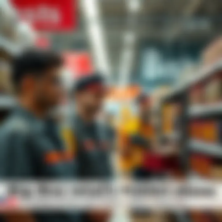 A group of big-box store employees looking concerned in a store aisle with management offices in the background