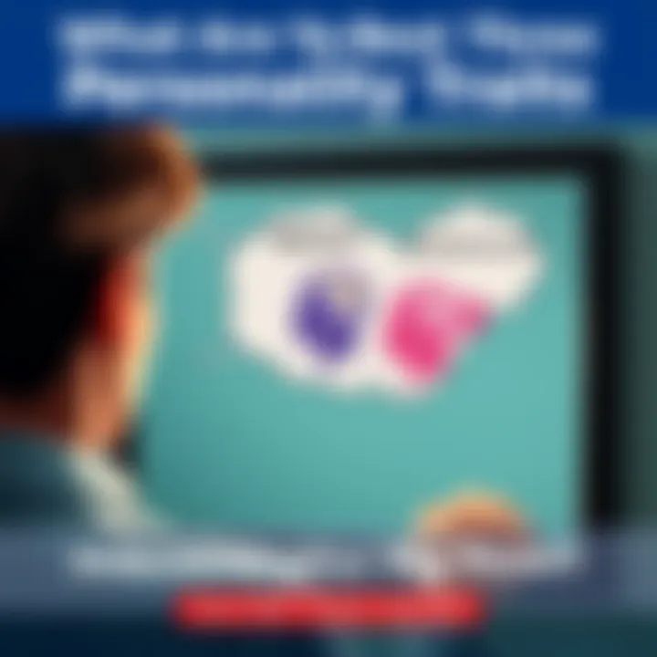 A person looking in a mirror, reflecting on their Big Three personality traits with thought bubbles showing traits like openness, agreeableness, and conscientiousness.